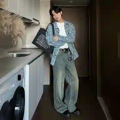 大卫贝肯 美式高街复古学院风基础款格子条纹设计潮牌痞帅高级感外套翻领垂感百搭宽松落肩长袖衬衫 男女同款