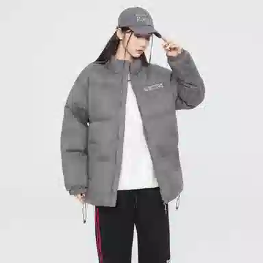 大卫贝肯 美式高街背面樱花花卉图案字母印花日常通勤百搭宽松休闲立领棉服 男女同款 黑色