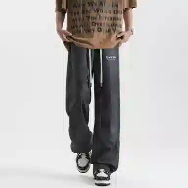 大卫贝肯 美式高街纯色复古做旧字母垂感直筒休闲裤 男女同款