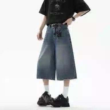 大卫贝肯 美式复古高街基础款纯色做旧宽松通勤高级感百搭潮流简约直筒七分牛仔短裤 男女同款