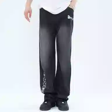 大卫贝肯 做旧字母印花涂鸦中腰拉链百搭直筒牛仔裤 男女同款