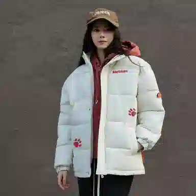 大卫贝肯 美式复古假两件趣味卡通爪印字母印花连帽保暖宽松纯色面包棉服垂感加绒加厚长裤休闲运动套装 男女同款