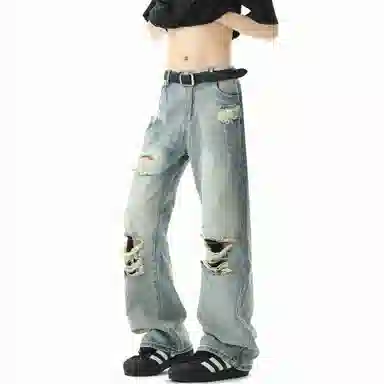 大卫贝肯 美式复古高街风水洗做旧重工破洞长裤舒适日常通勤时尚街头小众高级感痞帅百搭宽松直筒微喇牛仔裤 男女同款