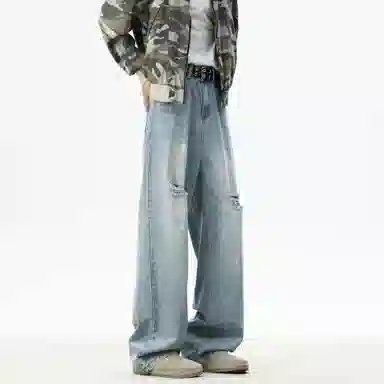 大卫贝肯 美式复古高街风水洗磨破设计舒适亲肤透气直筒长裤通勤百搭垂感休闲中腰宽松破洞牛仔裤 男女同款