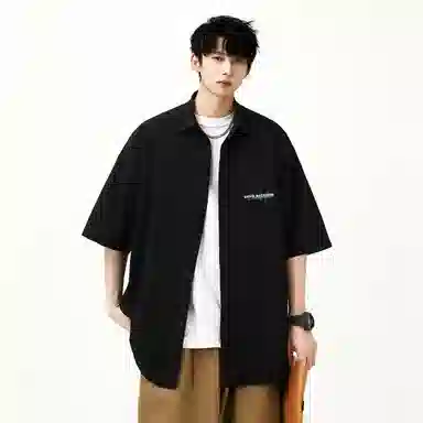 大卫贝肯 潮牌美式高级感重叠撞色字母小众设计时尚基础款纯色简约复古休闲运动百搭透气冰丝宽松翻领单排扣冰感短袖衬衫 男女同款