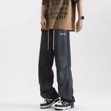 大卫贝肯 美式高街纯色复古做旧字母垂感直筒休闲裤 男女同款