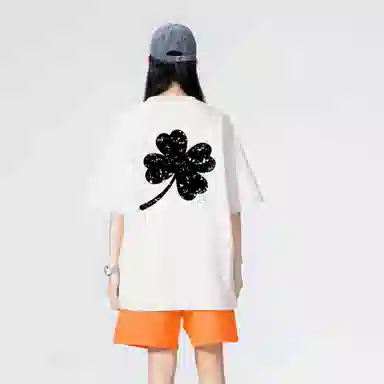 大卫贝肯 ×贝肯熊 联名款 幸运四叶草打碎字母印花透气圆领短袖手写撞色工装五分裤休闲运动套装 男女同款