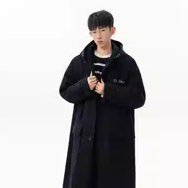 大卫贝肯 美式高街简约复古假两件连帽时尚韩版加棉加厚单排扣中长款毛呢大衣 男女同款