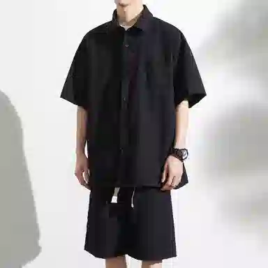 大卫贝肯 美式复古简约纯色宽松透气高级感痞帅垂感短袖上衣休闲字母休闲短裤衬衫套装 男女同款