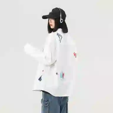 大卫贝肯 美式高街潮流涂鸦图案设计日常通勤百搭舒适长袖翻领衬衫 男女同款