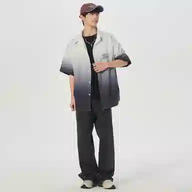 大卫贝肯 美式复古字母设计宽松休闲纯色百搭渐变透气垂感落肩短袖衬衫 男女同款