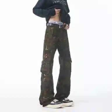 大卫贝肯 美式复古嘻哈高街多口袋拼接条纹高级感设计休闲宽松垂感时尚痞帅潮流舒适百搭无性别主义微喇工装裤 男女同款 迷彩