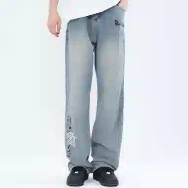 大卫贝肯 做旧字母印花涂鸦中腰拉链百搭直筒牛仔裤 男女同款