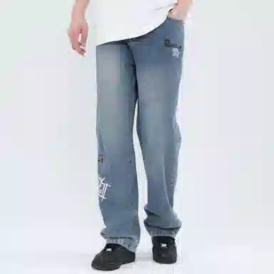 大卫贝肯 做旧字母印花涂鸦中腰拉链百搭直筒牛仔裤 男女同款