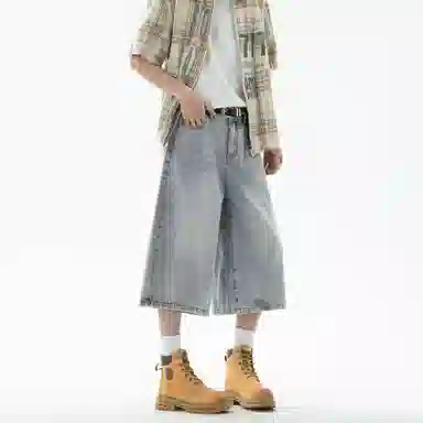 大卫贝肯 美式复古高街基础款纯色做旧宽松通勤高级感百搭潮流简约直筒七分牛仔短裤 男女同款