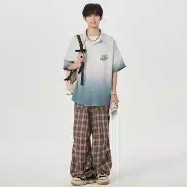 大卫贝肯 美式复古字母设计宽松休闲纯色百搭渐变透气垂感落肩短袖衬衫 男女同款