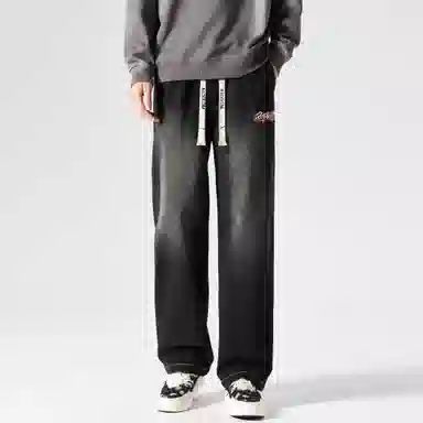 大卫贝肯 美式复古高街风字母水洗宽松中腰显高品牌系带阔腿牛仔裤 男女同款