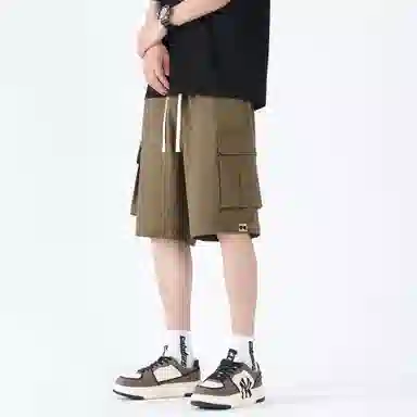 大卫贝肯 美式复古基础款纯色宽松大口袋系带直筒休闲日常通勤五分针织工装短裤 男女同款