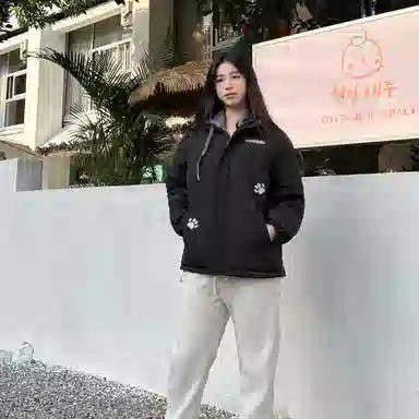 大卫贝肯 美式复古假两件趣味卡通爪印字母印花连帽保暖宽松纯色面包棉服垂感加绒加厚长裤休闲运动套装 男女同款