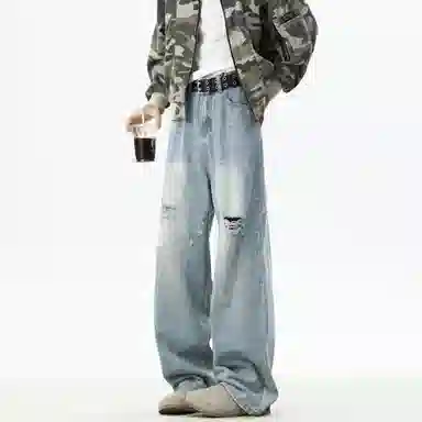 大卫贝肯 美式复古高街风水洗磨破设计舒适亲肤透气直筒长裤通勤百搭垂感休闲中腰宽松破洞牛仔裤 男女同款