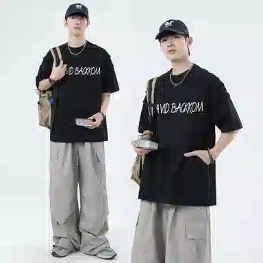 大卫贝肯 美式复古手写字母印花图案重磅双面棉多层次结构款多袋短袖山本斜弯刀褶皱伞兵裤休闲运动套装 男女同款