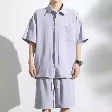 大卫贝肯 美式复古简约纯色宽松透气高级感痞帅垂感短袖上衣休闲字母休闲短裤衬衫套装 男女同款