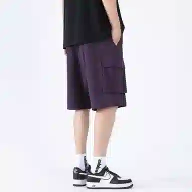 大卫贝肯 美式复古基础款纯色宽松大口袋系带直筒休闲日常通勤五分针织工装短裤 男女同款