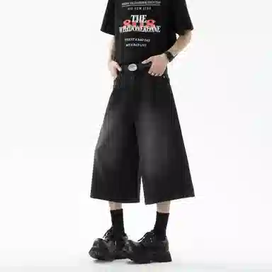 大卫贝肯 美式复古高街基础款纯色做旧宽松通勤高级感百搭潮流简约直筒七分牛仔短裤 男女同款