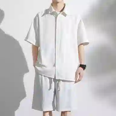 大卫贝肯 美式复古简约纯色宽松透气高级感痞帅垂感短袖上衣休闲字母休闲短裤衬衫套装 男女同款