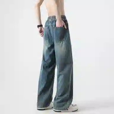 大卫贝肯 夏季冰丝男透气薄款美式高街百搭水洗慵懒风宽松直筒牛仔裤 男女同款