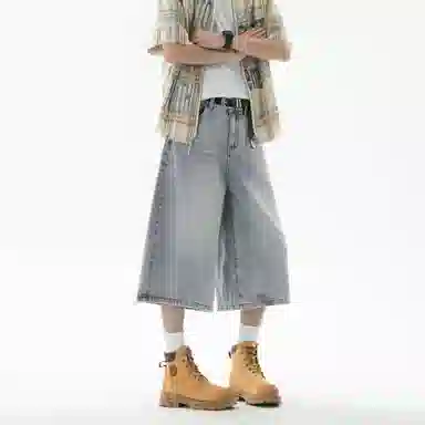 大卫贝肯 美式复古高街基础款纯色做旧宽松通勤高级感百搭潮流简约直筒七分牛仔短裤 男女同款