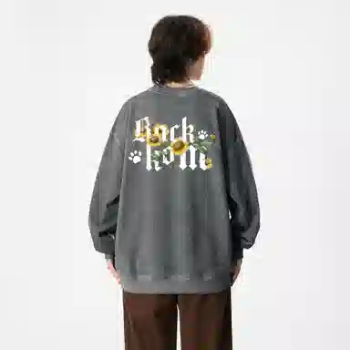 大卫贝肯 美式复古休闲宽松向日葵字母印花宽松百搭纯棉圆领脏脏卫衣 男女同款