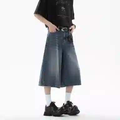 大卫贝肯 美式复古高街基础款纯色做旧宽松通勤高级感百搭潮流简约直筒七分牛仔短裤 男女同款