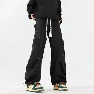 大卫贝肯 美式高街复古铆钉设计痞帅伞兵裤百搭时尚工装褶皱户外通勤直筒透气舒适机能风垂感抽绳系带中腰宽松休闲裤 男女同款