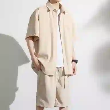 大卫贝肯 美式复古简约纯色宽松透气高级感痞帅垂感短袖上衣休闲字母休闲短裤衬衫套装 男女同款