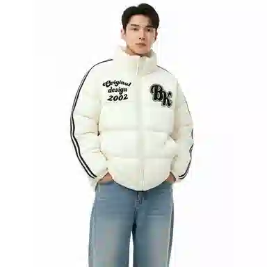 大卫贝肯 美式复古撞色个性字母印花三条杠宽松保暖加厚立领防风休闲舒适面包棉服 男女同款