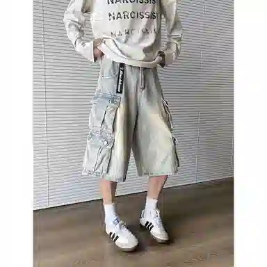 大卫贝肯 时尚高街美式中腰基础款百搭宽松七分裤牛仔短裤 男女同款 浅蓝色