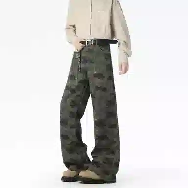 大卫贝肯 美式高街复古迷彩设计百搭阔腿宽松直筒休闲裤 男女同款