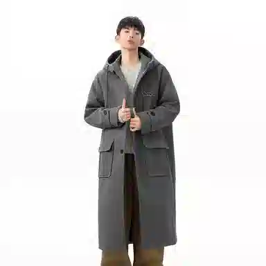 大卫贝肯 美式高街简约复古假两件连帽时尚韩版加棉加厚单排扣中长款毛呢大衣 男女同款