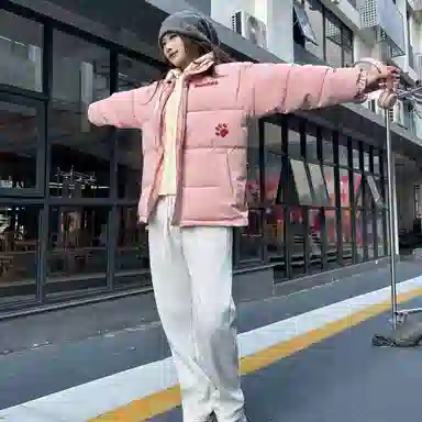 大卫贝肯 美式复古假两件趣味卡通爪印字母印花连帽保暖宽松纯色面包棉服垂感加绒加厚长裤休闲运动套装 男女同款