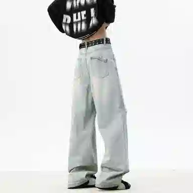 大卫贝肯 美式复古高街风水洗磨破设计舒适亲肤透气直筒长裤通勤百搭垂感休闲中腰宽松破洞牛仔裤 男女同款