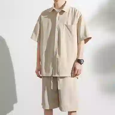 大卫贝肯 美式复古简约纯色宽松透气高级感痞帅垂感短袖上衣休闲字母休闲短裤衬衫套装 男女同款