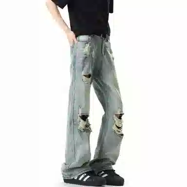 大卫贝肯 美式复古高街风水洗做旧重工破洞长裤舒适日常通勤时尚街头小众高级感痞帅百搭宽松直筒微喇牛仔裤 男女同款