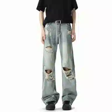 大卫贝肯 美式复古高街风水洗做旧重工破洞长裤舒适日常通勤时尚街头小众高级感痞帅百搭宽松直筒微喇牛仔裤 男女同款