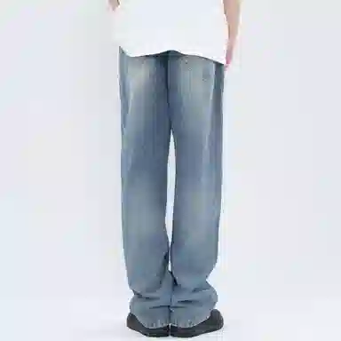 大卫贝肯 做旧字母印花涂鸦中腰拉链百搭直筒牛仔裤 男女同款