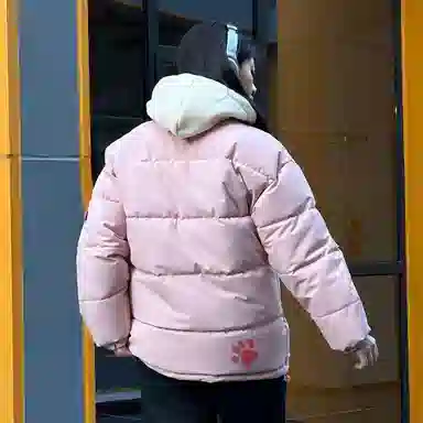 大卫贝肯 美式复古假两件趣味卡通爪印字母印花连帽保暖宽松纯色面包棉服垂感加绒加厚长裤休闲运动套装 男女同款