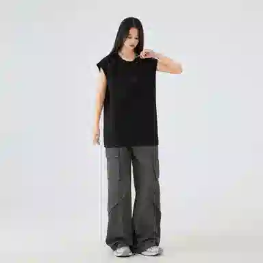 大卫贝肯 手绘艺术字母搞怪小熊印花宽松直筒背心 男女同款