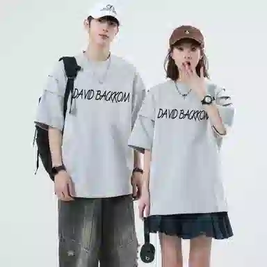 大卫贝肯 美式复古手写字母印花图案重磅双面棉多层次结构款多袋短袖山本斜弯刀褶皱伞兵裤休闲运动套装 男女同款