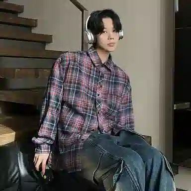 大卫贝肯 美式高街复古学院风基础款格子条纹设计潮牌痞帅高级感外套翻领垂感百搭宽松落肩长袖衬衫 男女同款