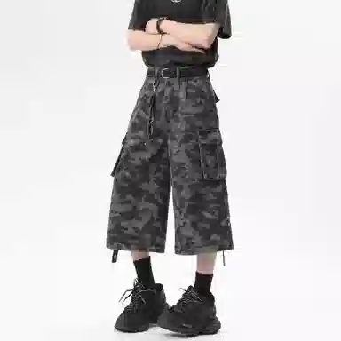 大卫贝肯 美式复古舒适百搭直筒阔腿七分牛仔短裤 男女同款 城市迷彩